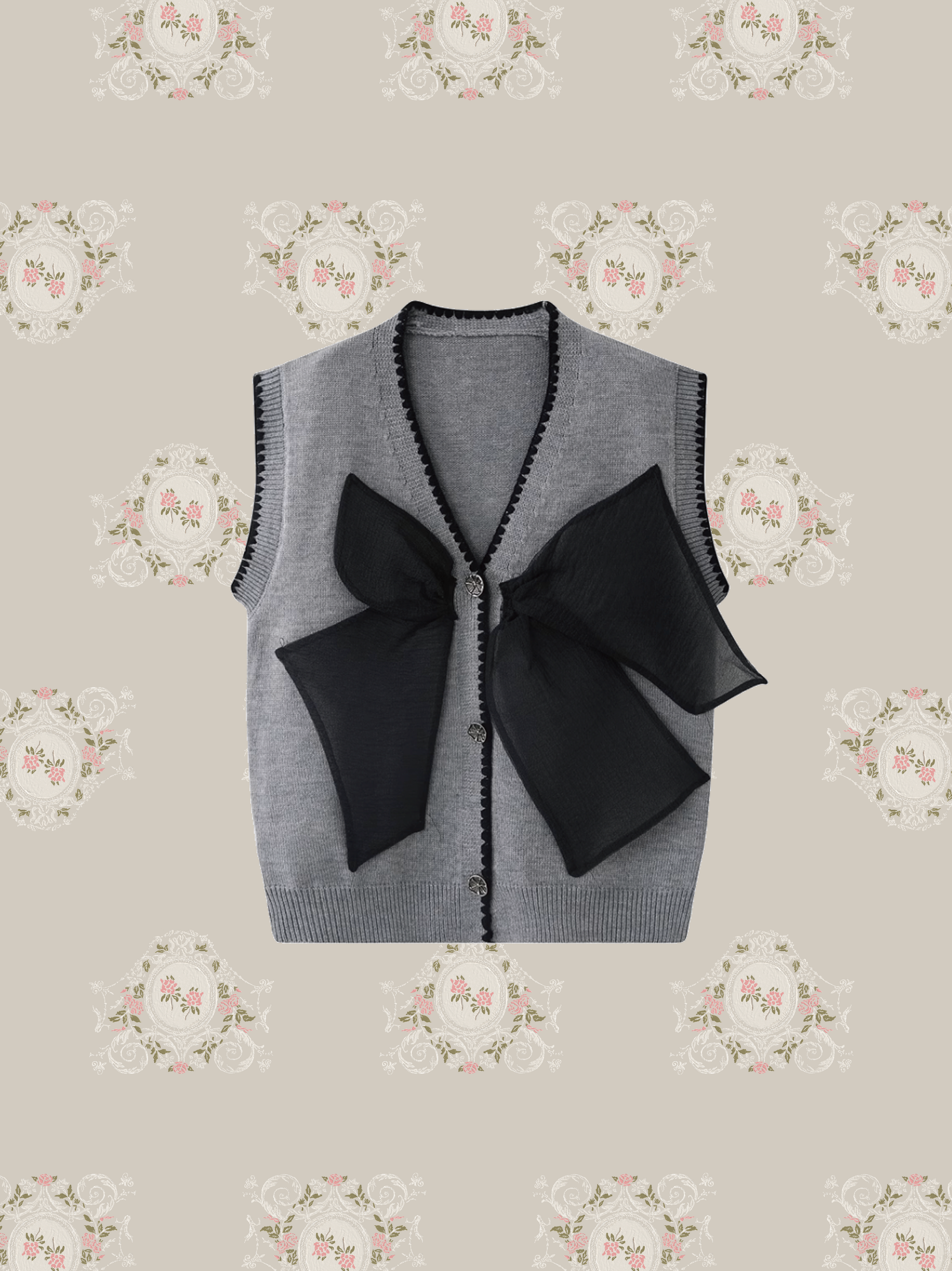 Mesh Ribbon Gray Knit Vest メッシュリボングレーニットベスト