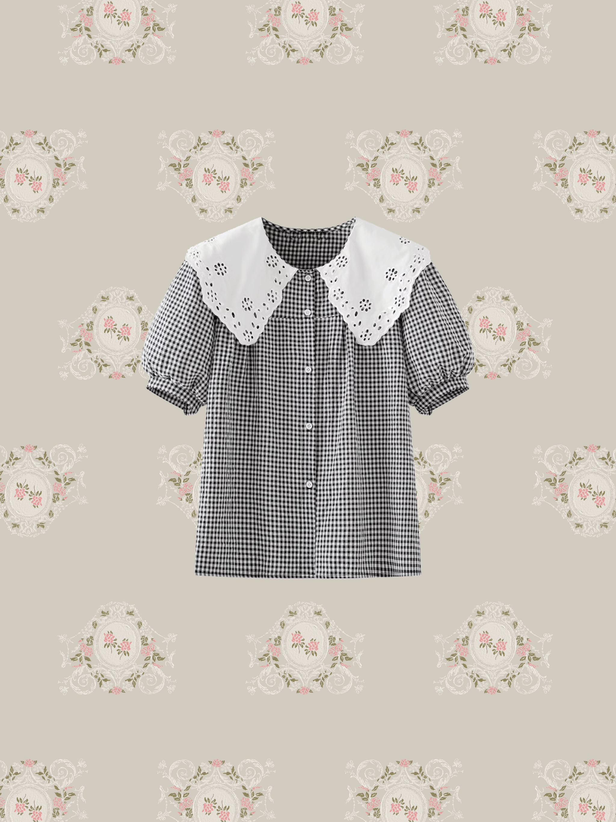 Gingam Check Embroiderd Collar Blouse ギンガムチェック刺繍カラー