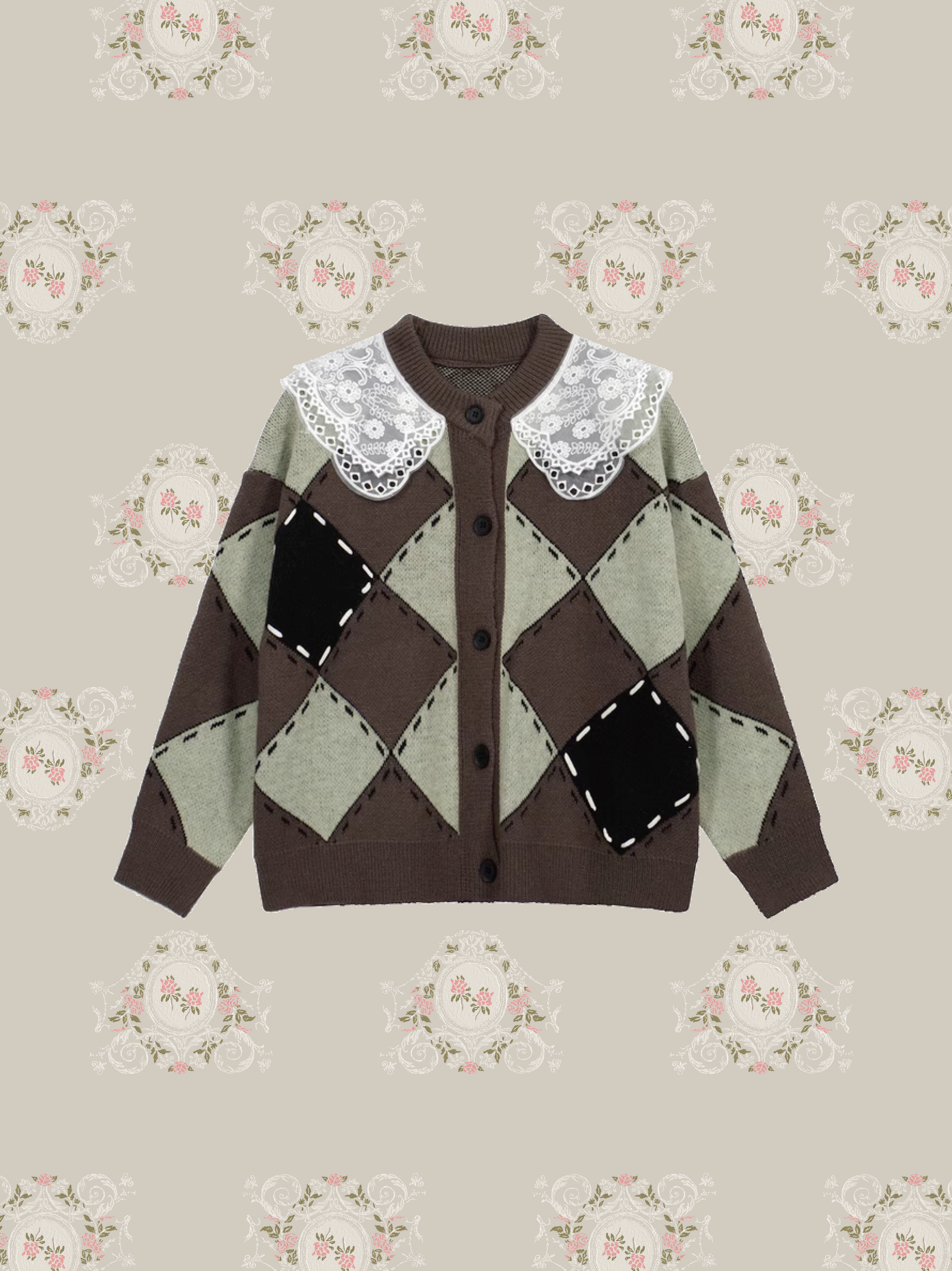 Lace Collar Argyle Cardigan レースカラーアーガイルカーディガン