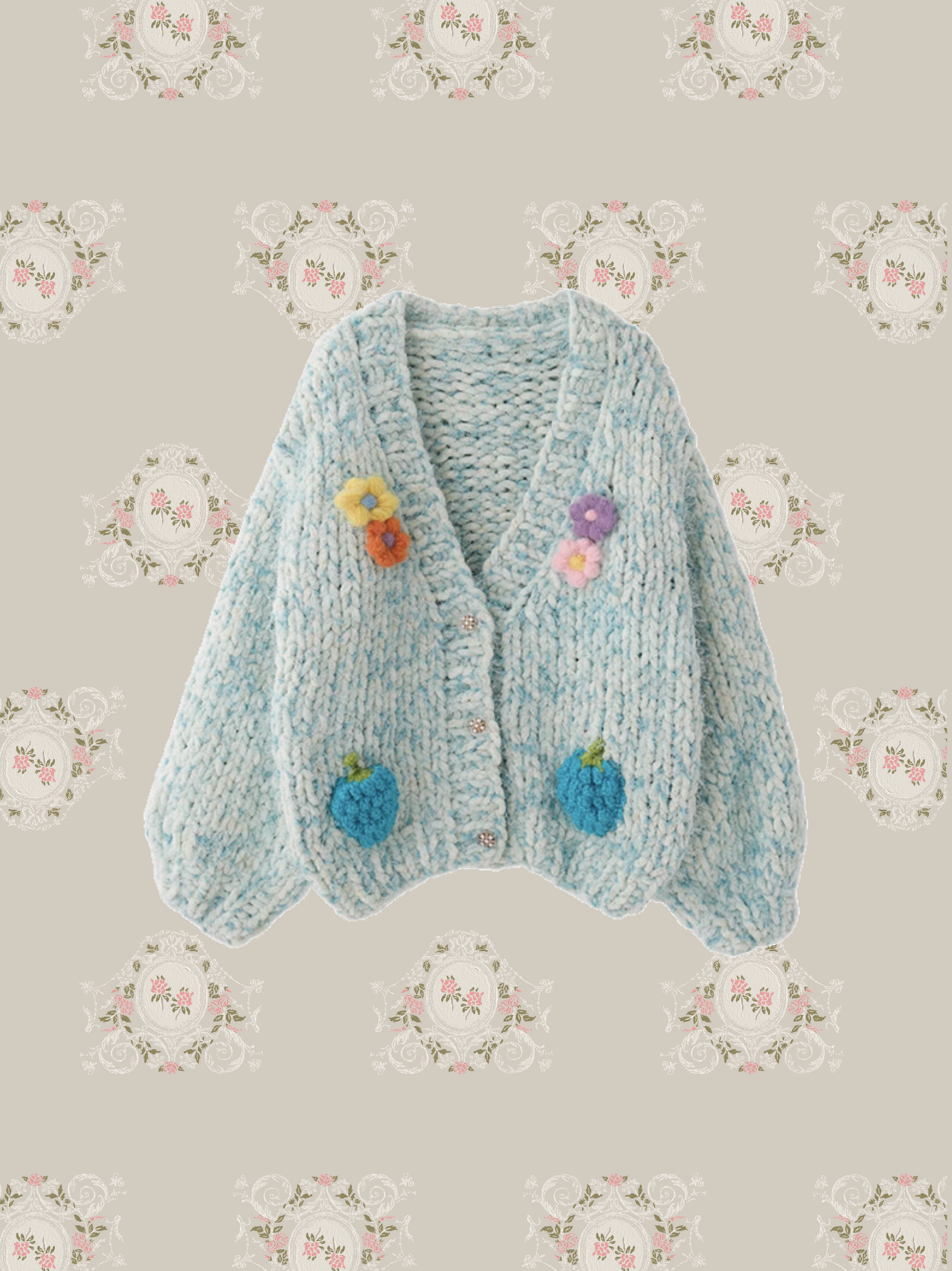 Handmade Flower Applique Blue Cardigan ハンドメイドフラワー