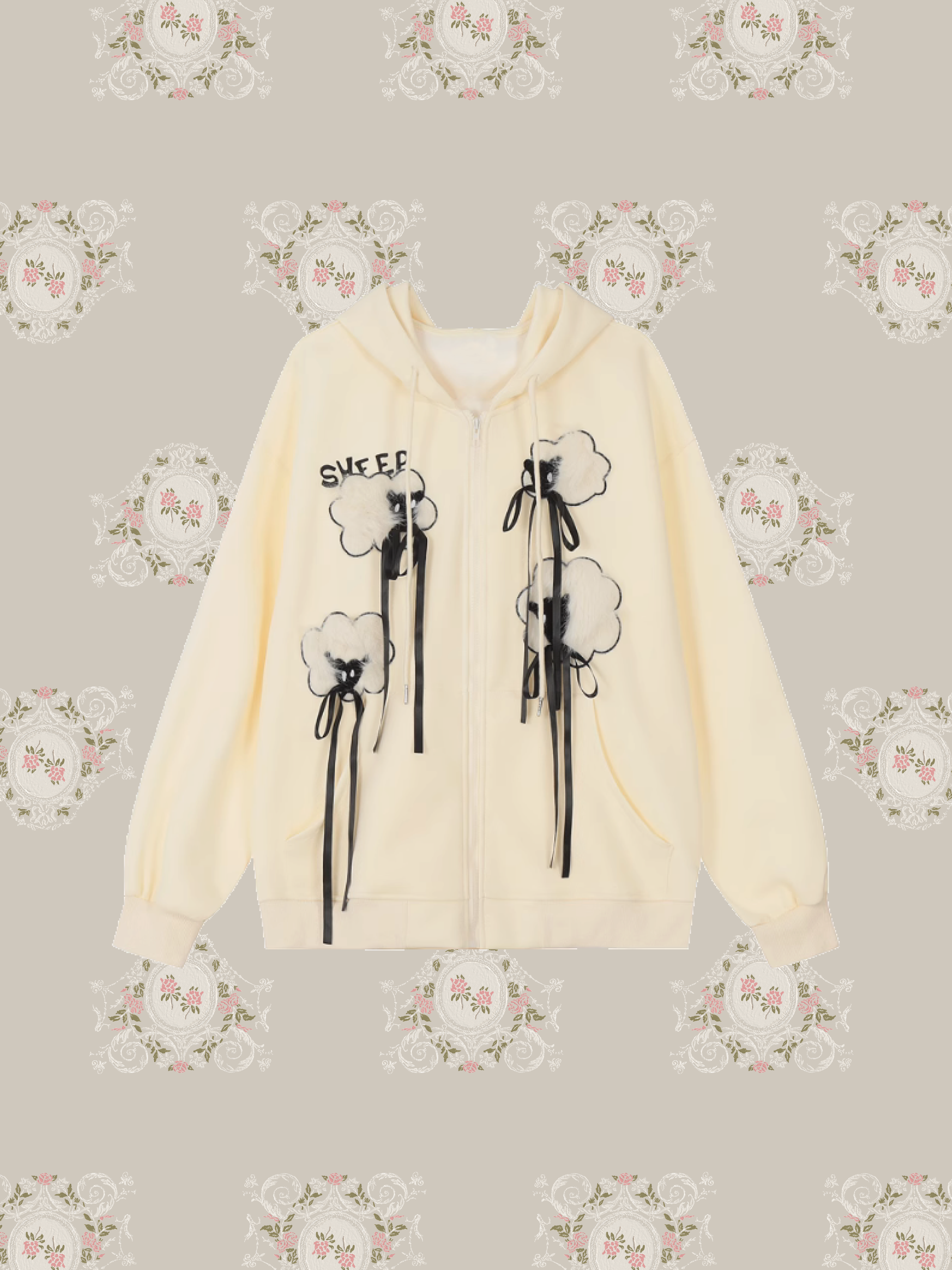 Ribbon Sheep Design Hoodie/リボン羊デザインパーカー