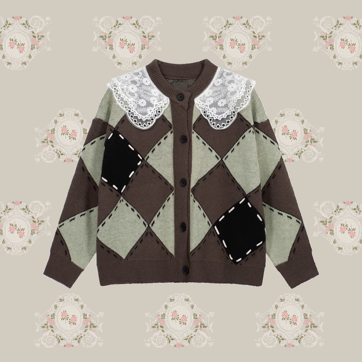 Lace Collar Argyle Cardigan レースカラーアーガイルカーディガン