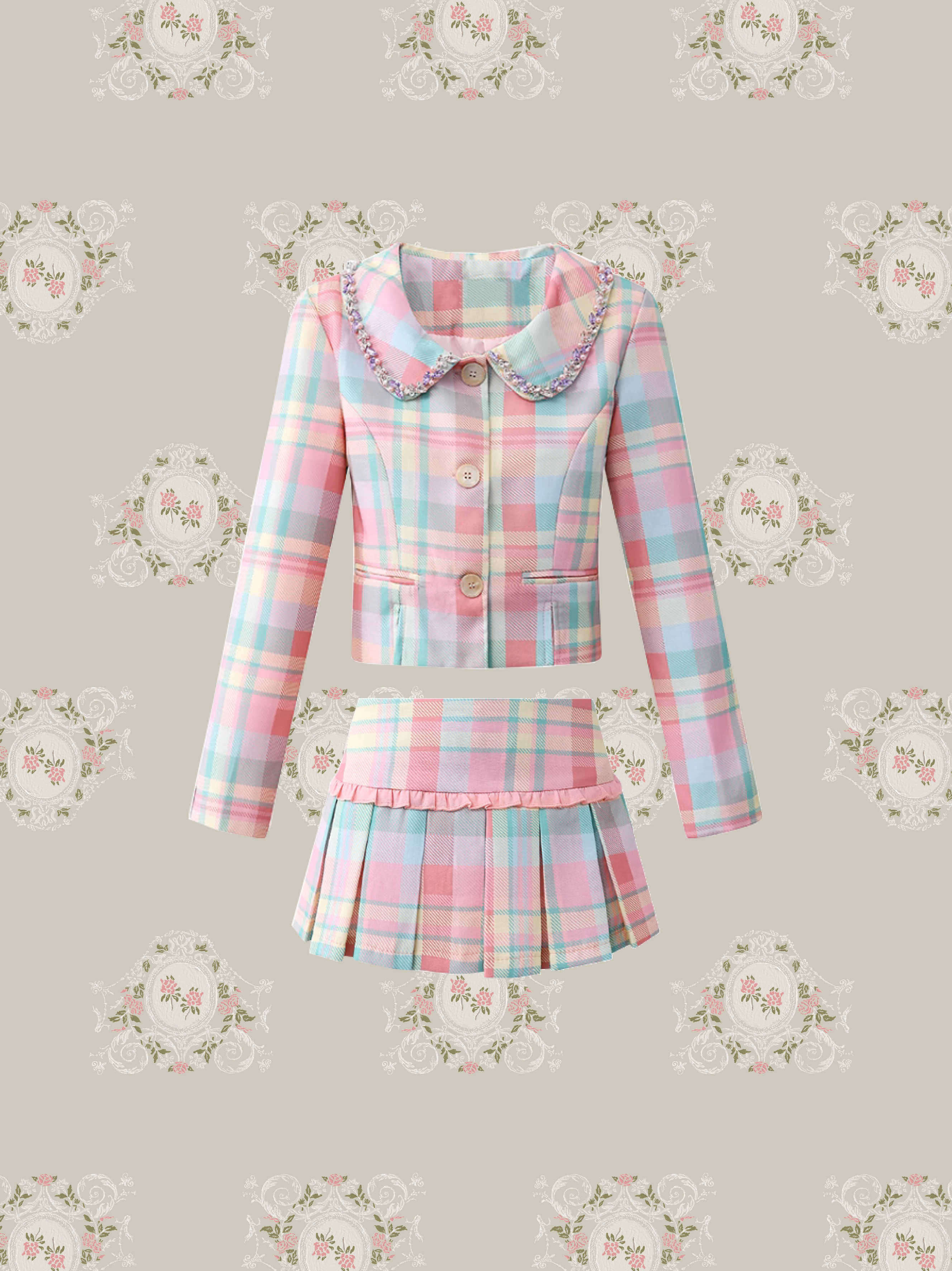 Tartan Check Bijou Pink Short Skirt Set Up/タータンチェックビジューピンクショートスカートセットアップ