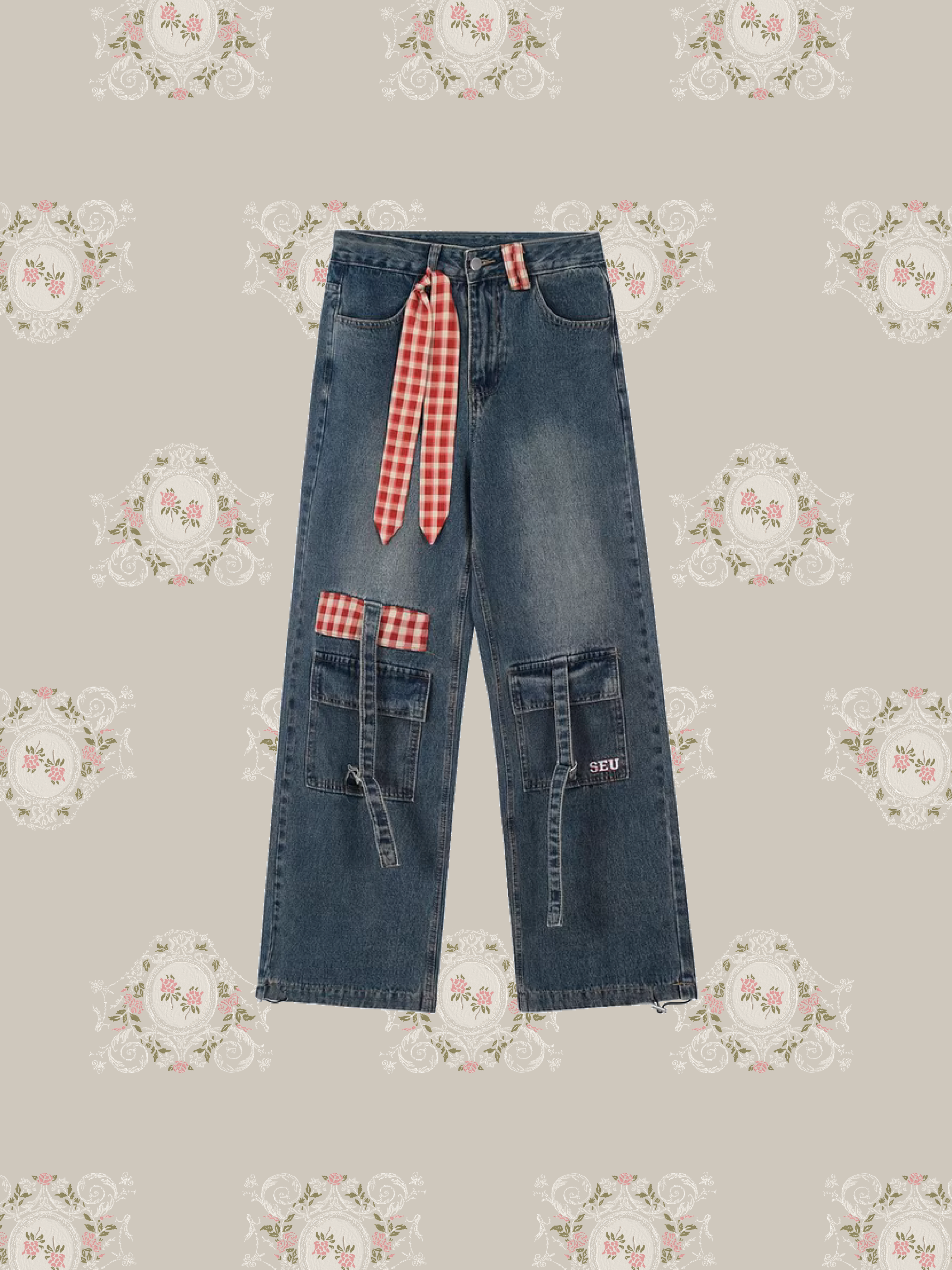 Check Patchwork Denim Pants/チェックパッチワークデニムパンツ