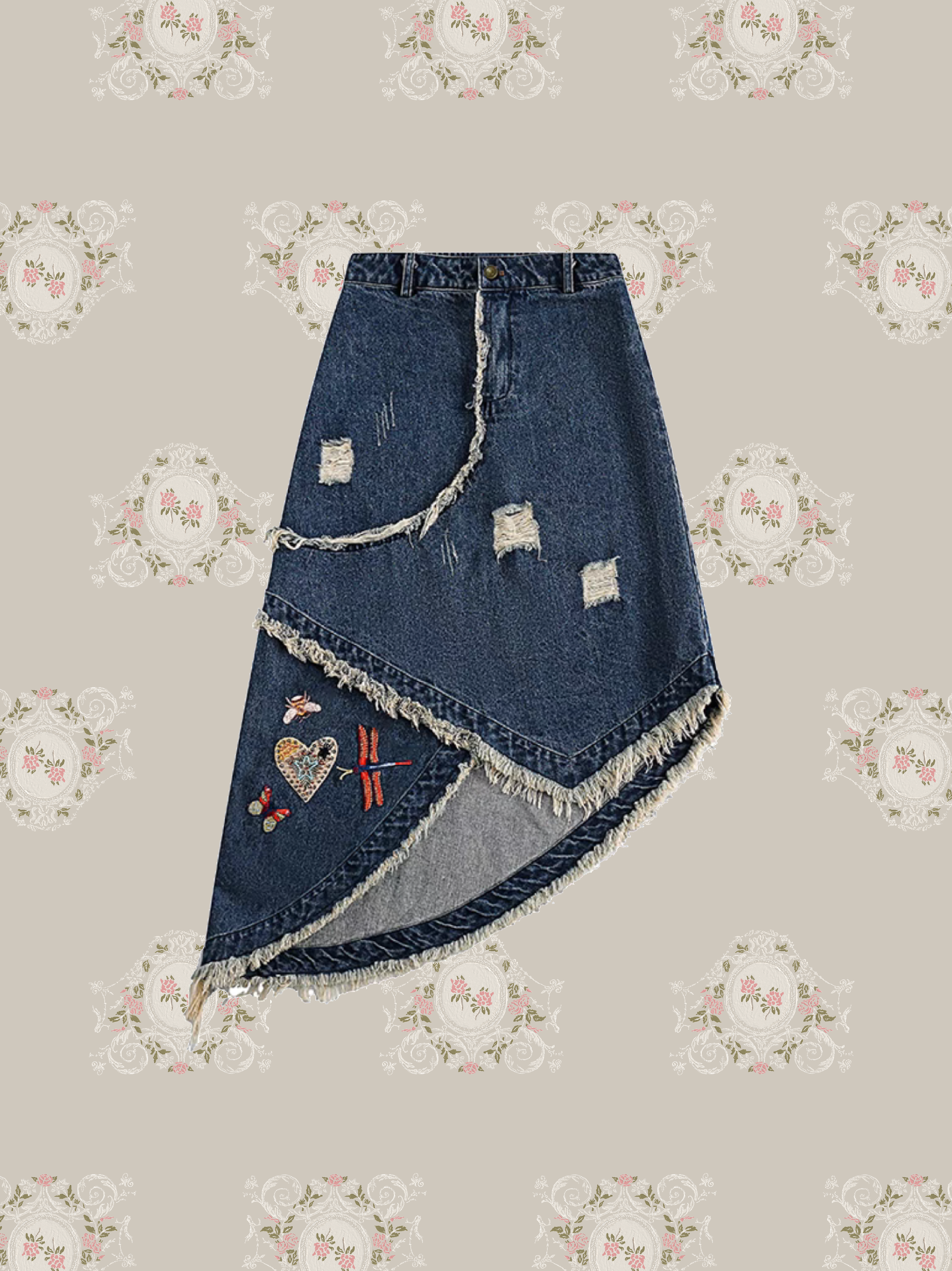 Asymmetric Patchwork Embroidered Denim Skirt/アシンメトリーパッチワーク刺繍スカート
