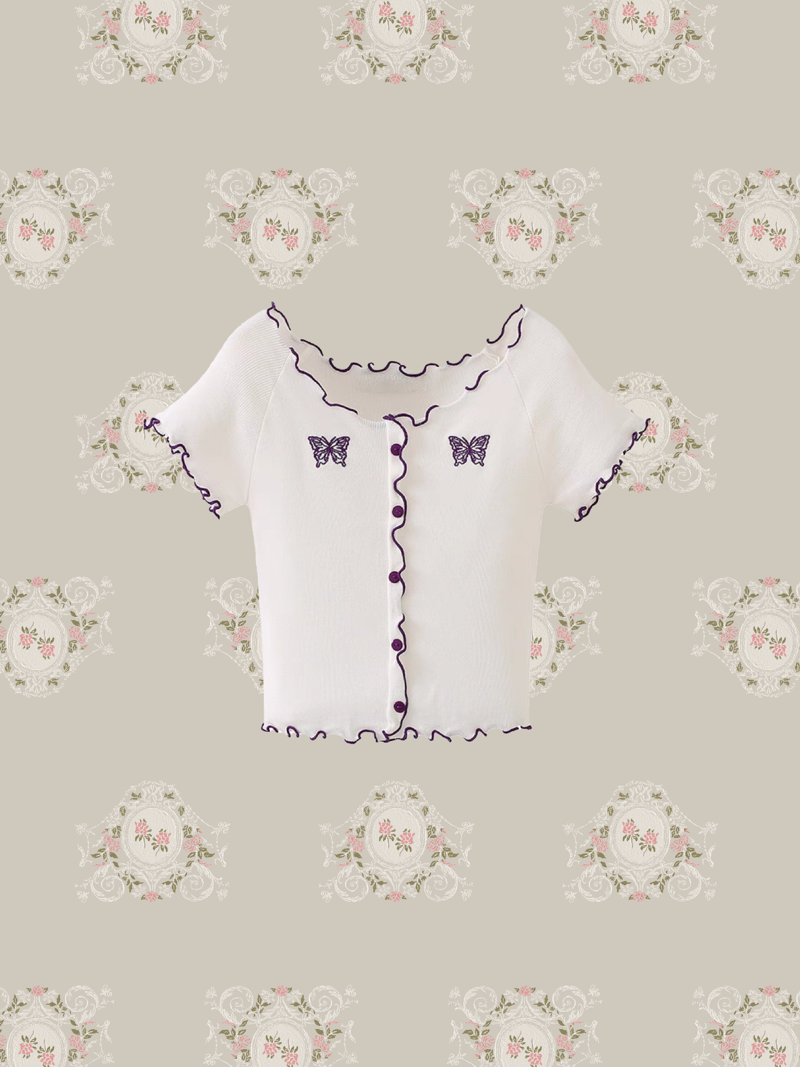 Contrasting Color Butterfly Embroidered Top/コントラスティングカラーバタフライ刺繍トップス