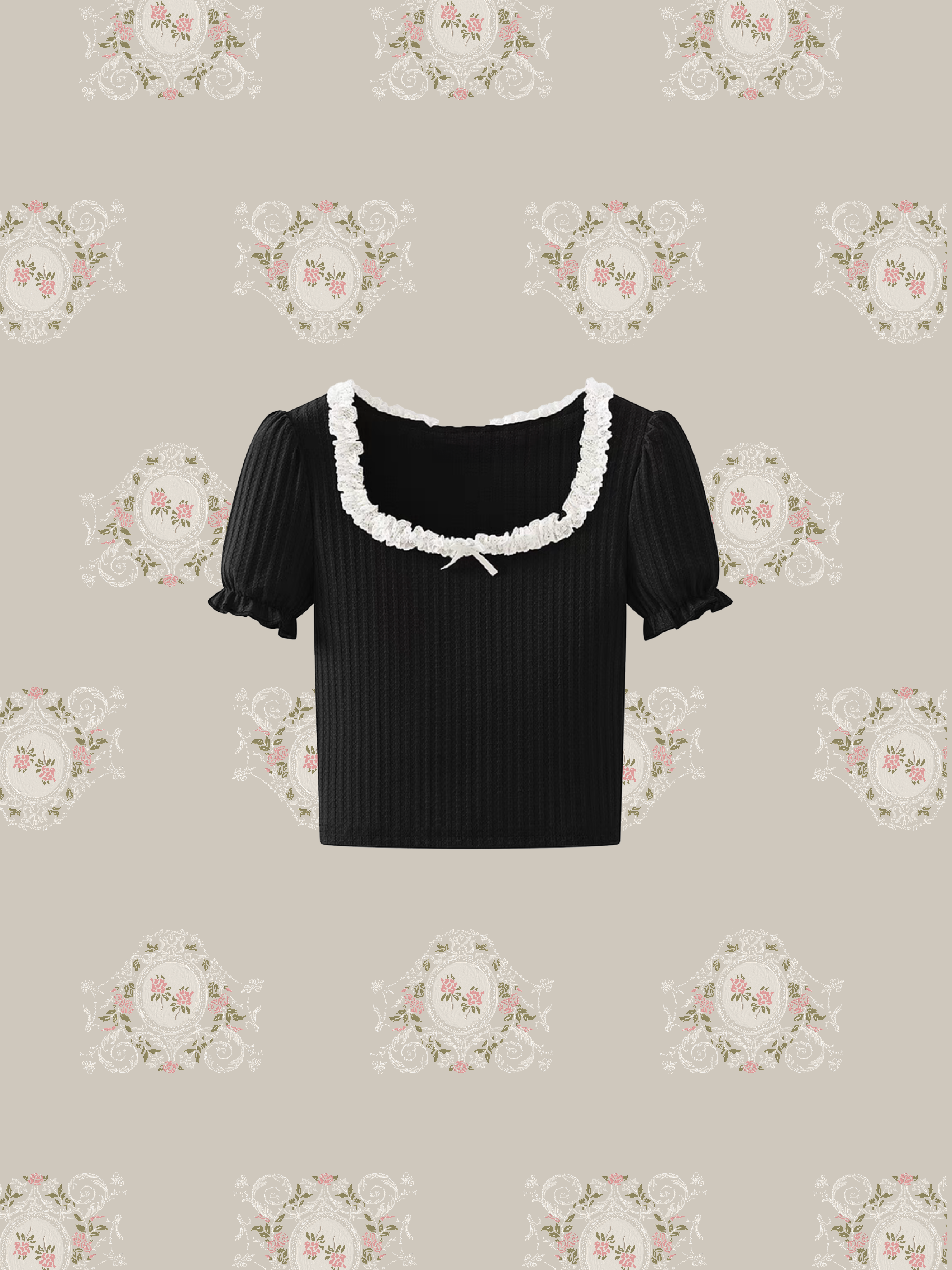 Lace-Trimmed Square Neck Puff Sleeve Top/レーストリム スクエアネックパフスリーブトップス
