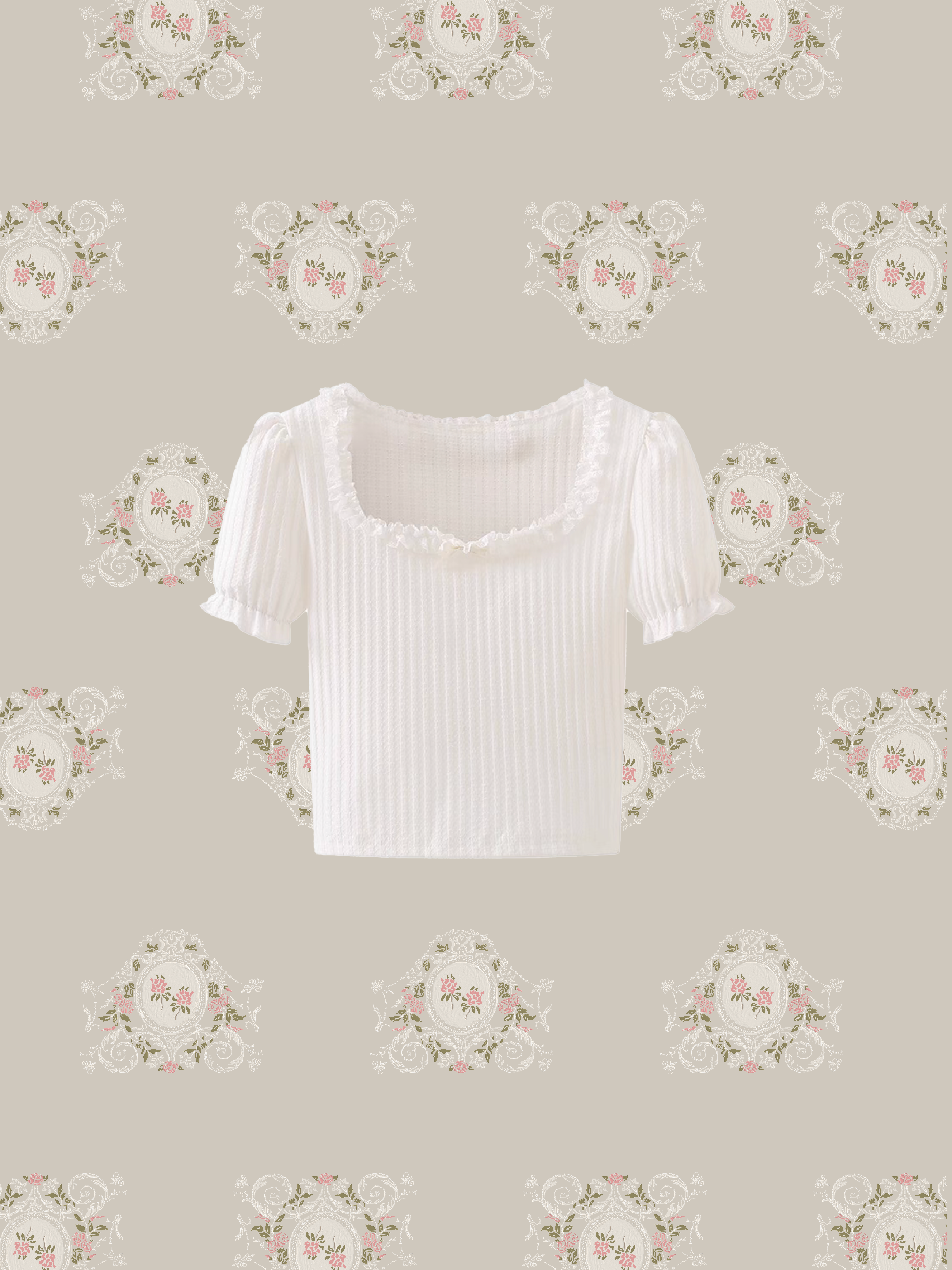 Lace-Trimmed Square Neck Puff Sleeve Top/レーストリム スクエアネックパフスリーブトップス